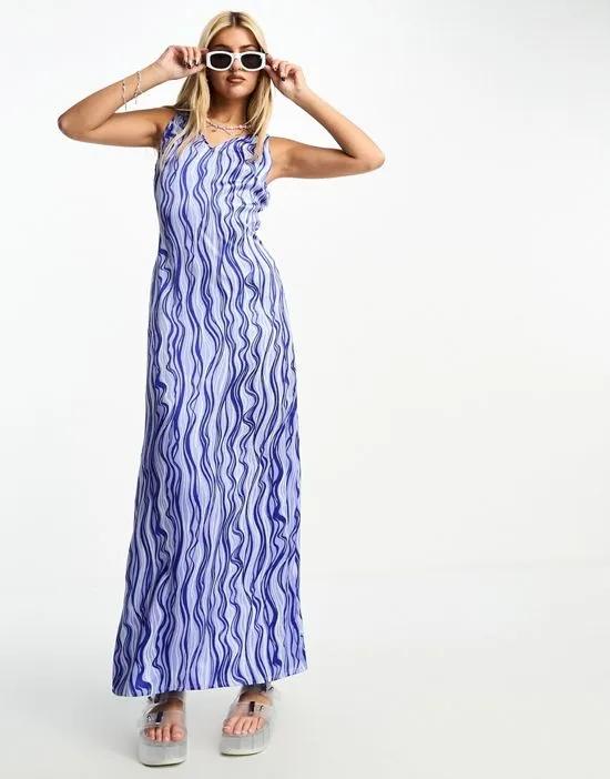 satin flippy hem maxi dress in blue swirl print