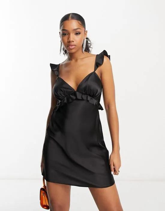 satin frill detail mini slip dress in black