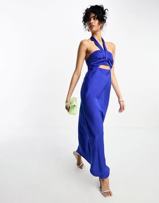 satin halterneck twist maxi dress with cut out front in blue