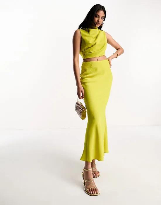 satin high neck cut out waist midi dress in chartreuse