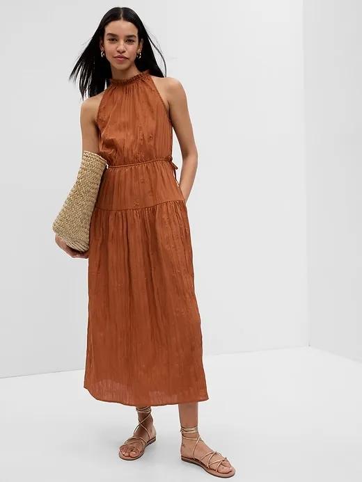 Satin High Neck Midi Dress