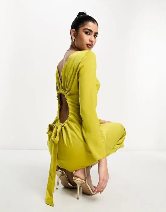 satin long sleeve maxi dress with drawstring back in olive