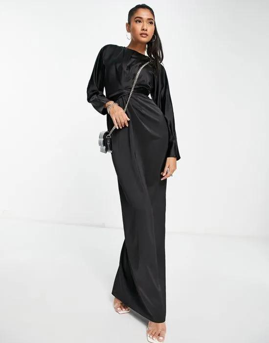satin maxi dress with batwing sleeve and wrap waist in black