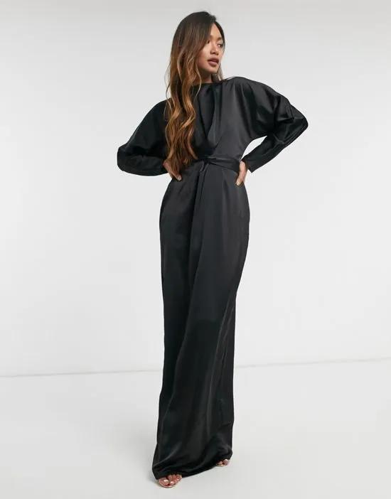 satin maxi dress with batwing sleeve and wrap waist in black