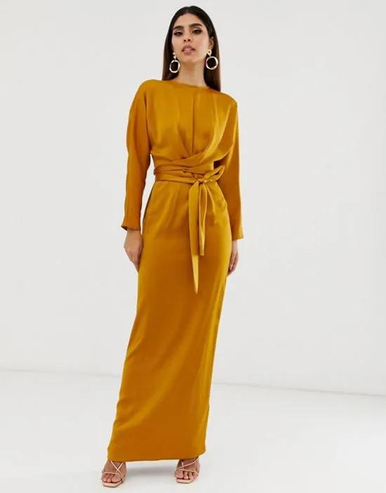 satin maxi dress with batwing sleeve and wrap waist in mustard