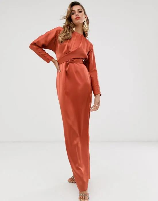 satin maxi dress with batwing sleeve and wrap waist in rust