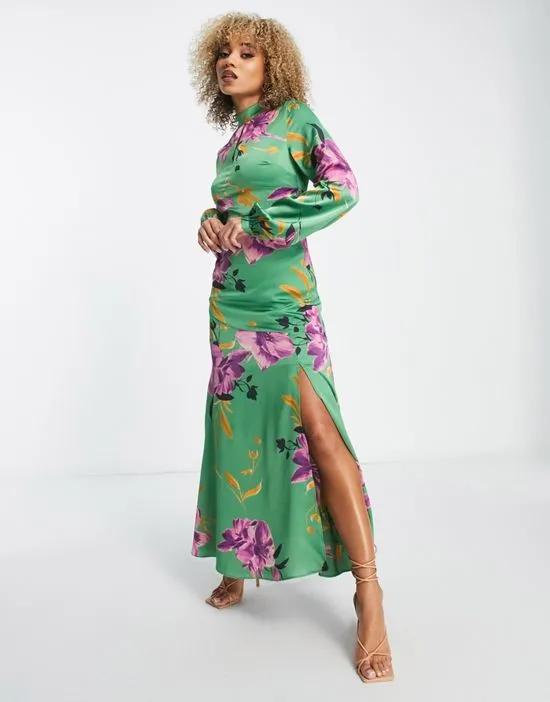 satin maxi dress with collar detail in overscale green and purple floral