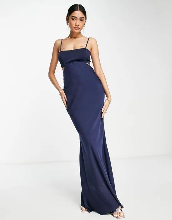 satin maxi dress with cut out and tie back detail