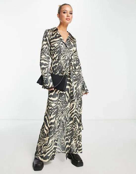 satin maxi dress with tie belt in neutral zebra print