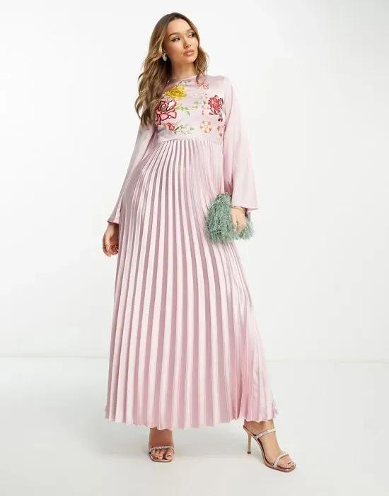 satin maxi pleated dress with embroidery in pink