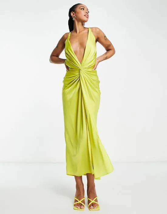 satin midi dress with knot front and drape skirt in green