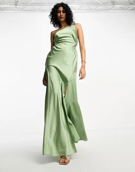 satin one shoulder maxi dress with waist detail in sage green
