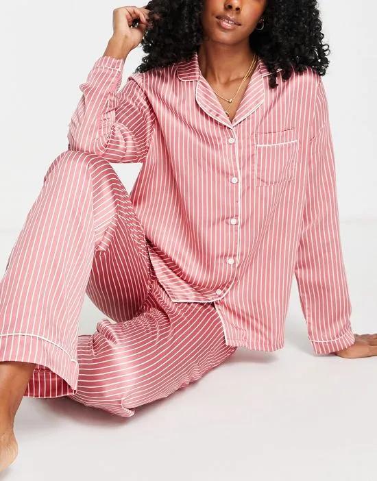 satin pajama pants in dark pink and cream pinstripe - part of a set