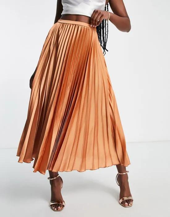 satin pleated midi skirt in tan