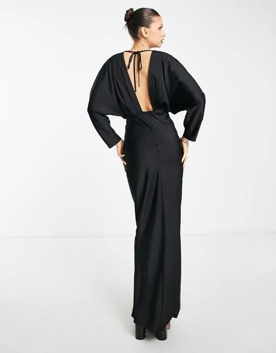 satin pleated plunge maxi dress with open back in black