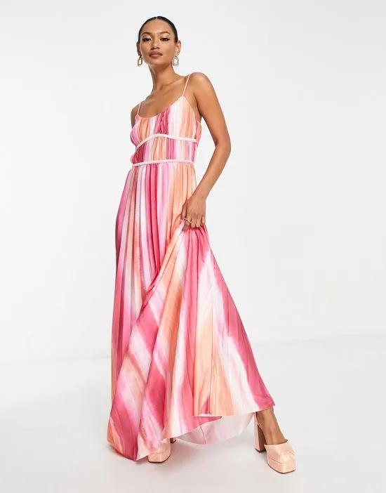 satin plisse maxi dress in pink tie dye print