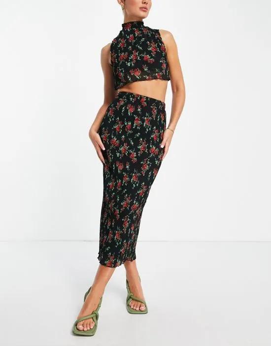 satin plisse midi skirt in rose floral print - part of a set