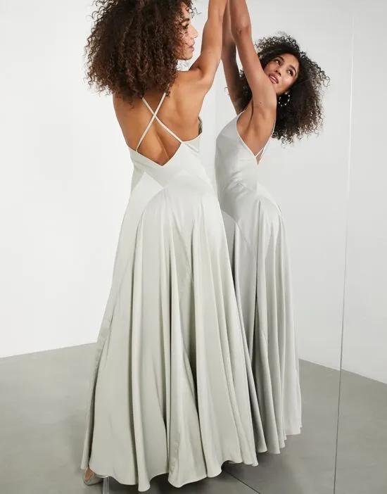 satin plunge maxi dress with cross back in sage green