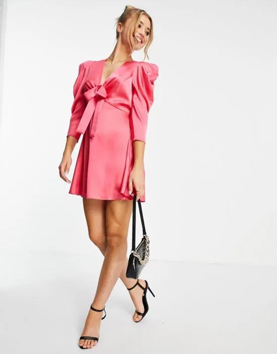 satin plunge mini dress in hot pink