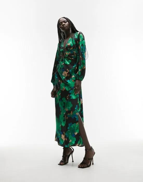 satin plunge neck with tie detail in blurred green floral print