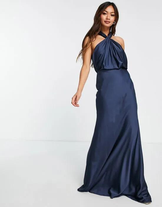 satin ruched halter neck maxi dress in petrol blue