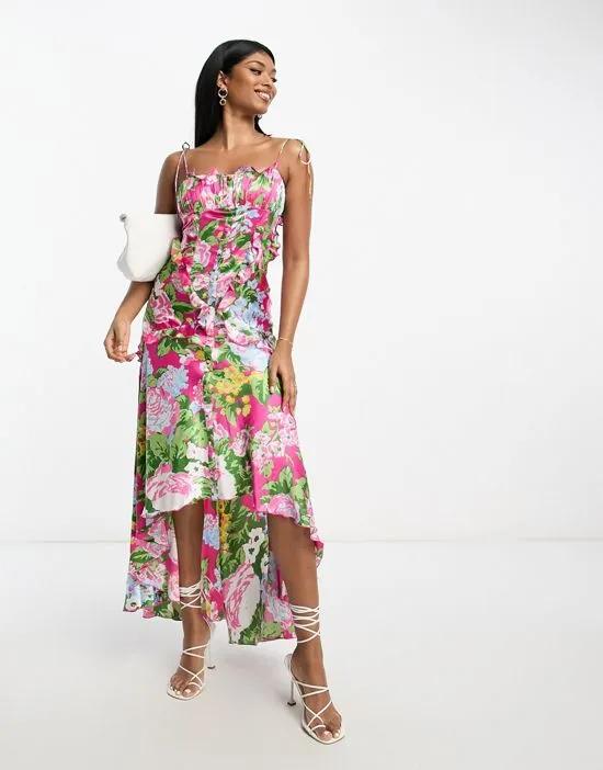 satin ruched ruffle maxi dress with button detail in pink floral