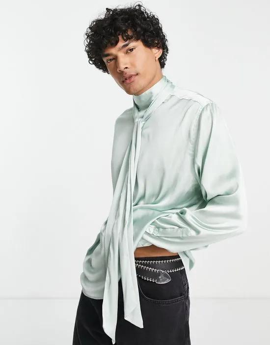 satin shirt with pussybow tie neck in sage green