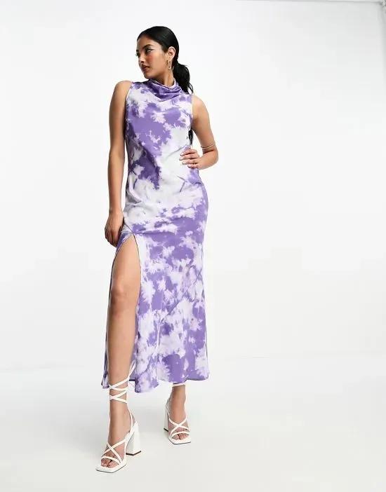 satin sleeveless high neck midi dress with slit front in marble print
