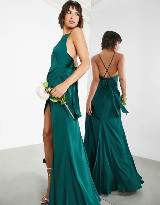 satin square neck maxi dress with side split in forest green