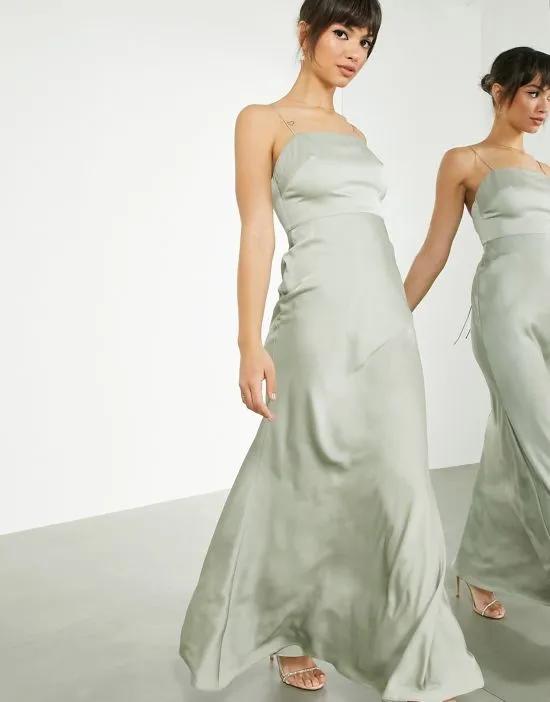 satin square neck maxi dress with tie back in sage green