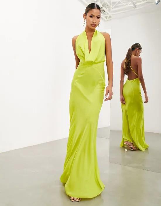 satin statement cowl neck maxi dress in lime green