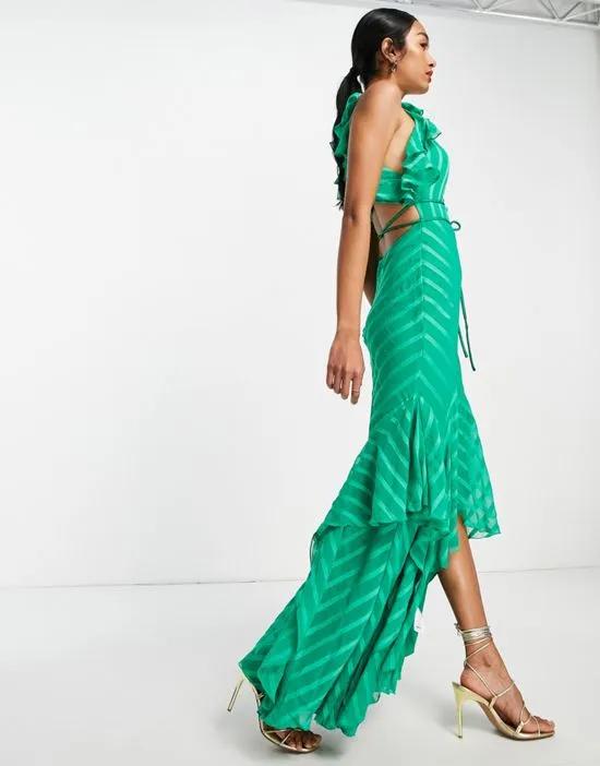 satin stripe halter maxi dress with drape ruffle and tie detail in green