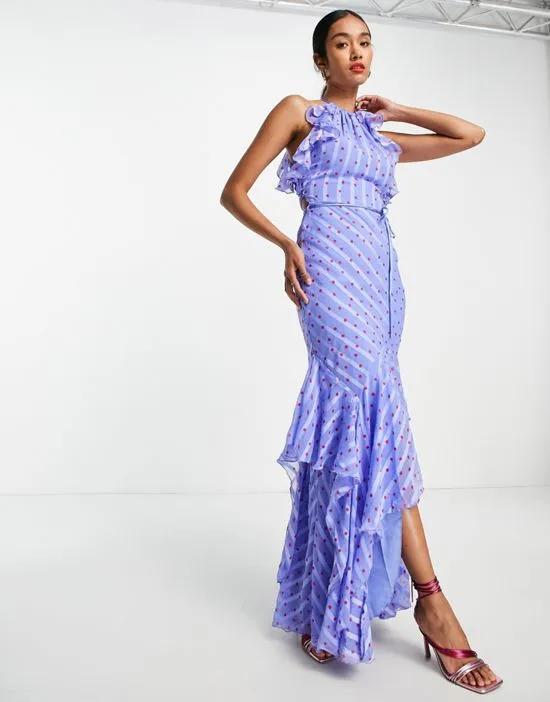 satin stripe halter maxi dress with drape ruffle and tie detail in spot