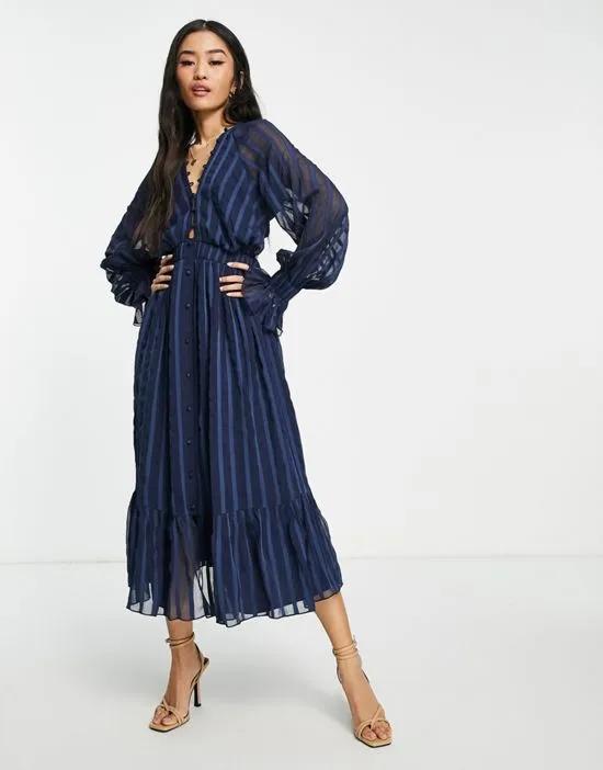 satin stripe midi dress with blouson sleeve and button detail in navy