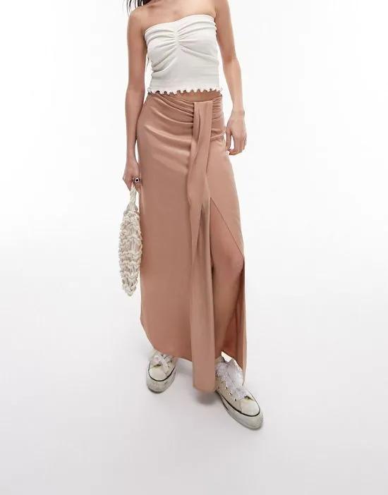 satin tuck detail midi skirt in blush