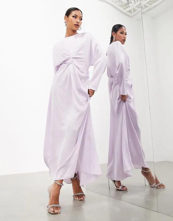 satin twist detail long sleeve maxi dress in pale lilac