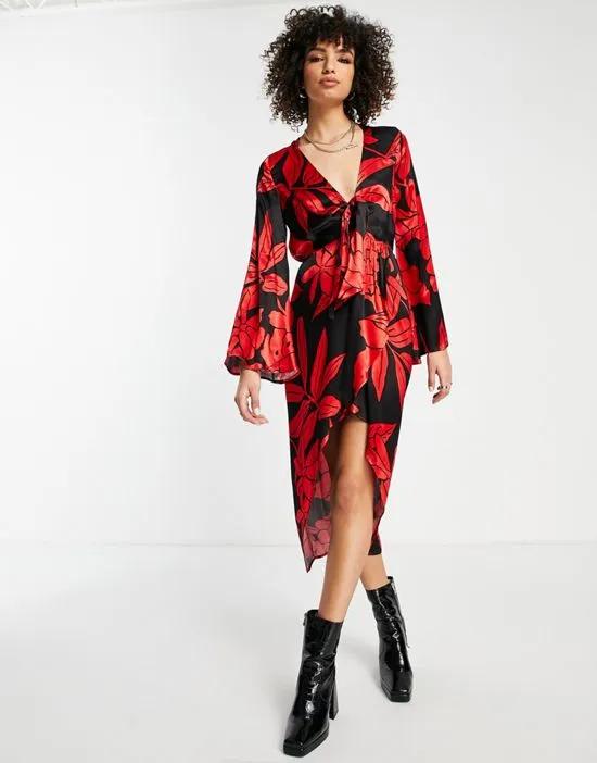 satin twist front floral dress in red