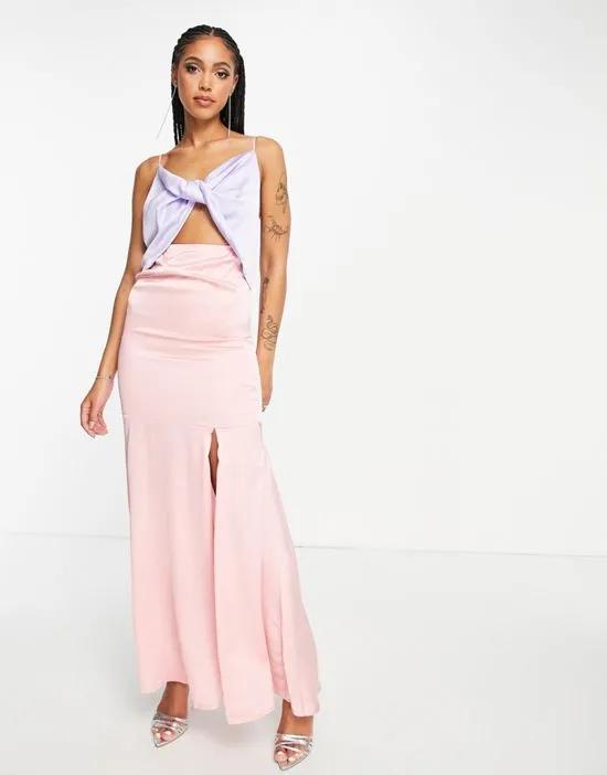 satin twist front maxi dress with split color block blue and pink