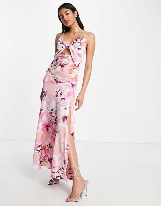 satin twist front maxi dress with split in pastel floral