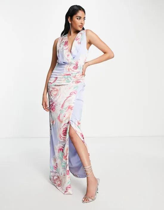 satin wrap front maxi dress in blue floral