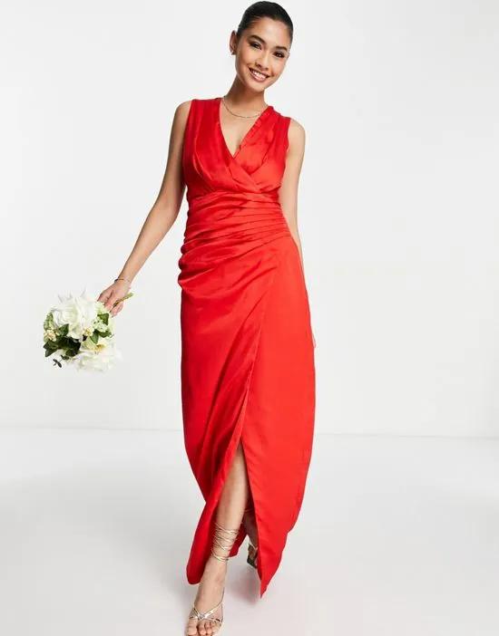 satin wrap front maxi dress in red