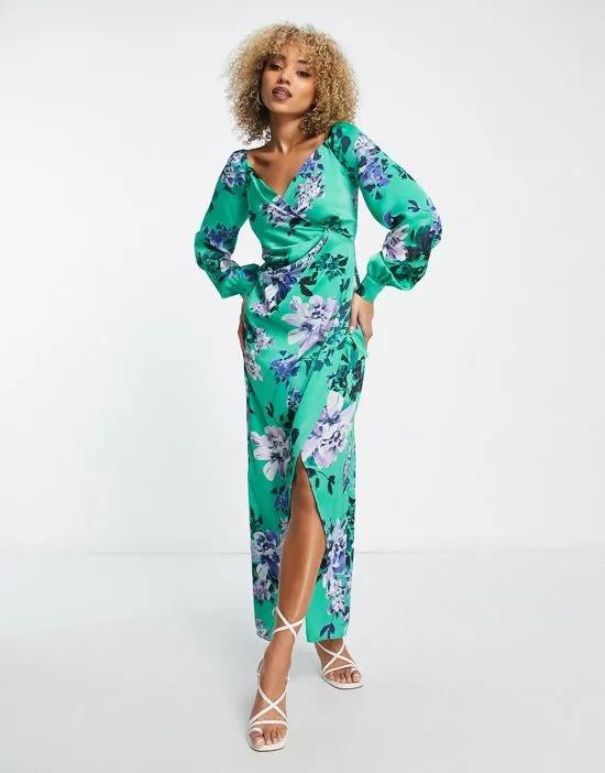 satin wrap maxi dress with blouson sleeve in green floral print