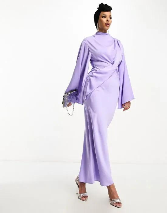 satin wrap maxi dress with drape bodice and kimono sleeve in lilac