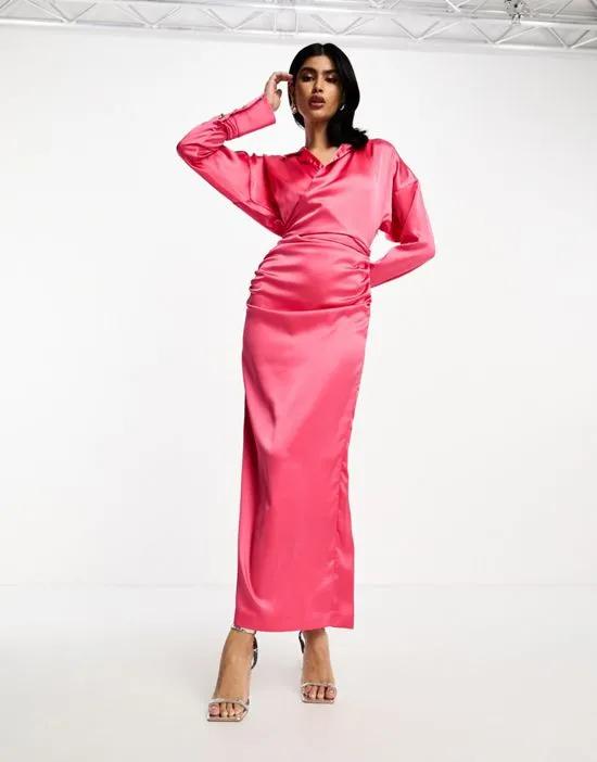 satin wrap maxi shirt dress in pink