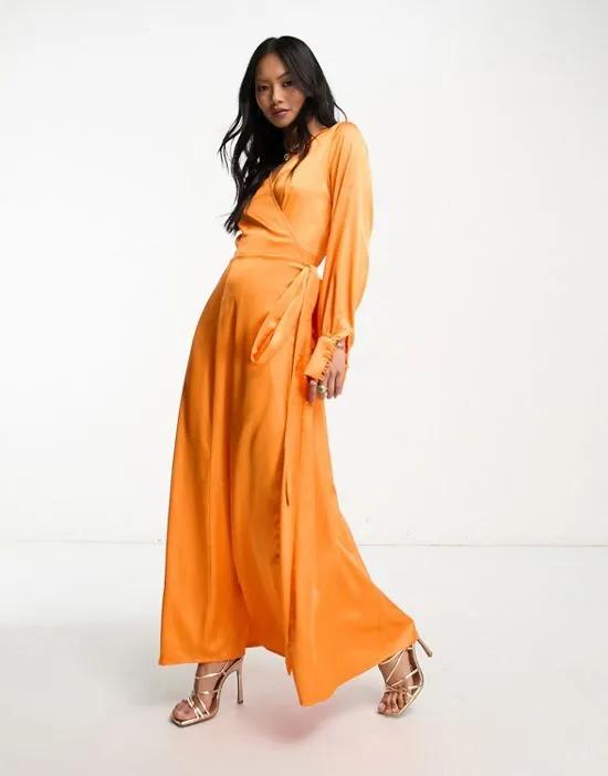 satin wrap midaxi dress in vibrant orange