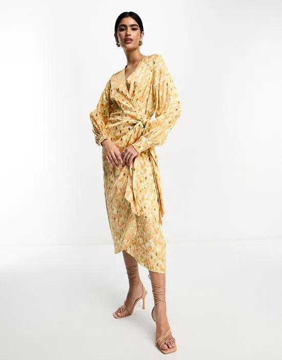 satin wrap midi dress in pastel/gold mix