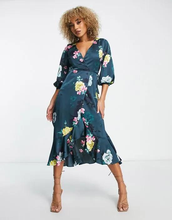 satin wrap midi dress with puff sleeves in black floral