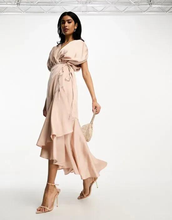 satin wrap midi dress with ruched detail in blush