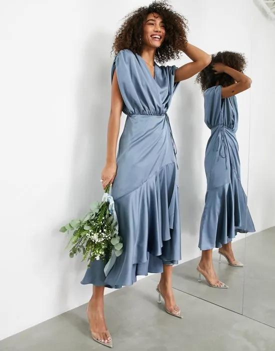 satin wrap midi dress with ruched detail in dusky blue