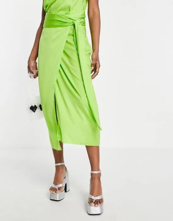 satin wrap midi skirt in lime green - part of a set